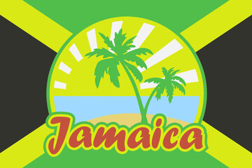 Fototapeta na wymiar Jamaican flag with emblem of tropical beach. 'Jamaica' inscription in reggae colors