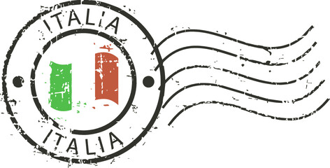 Postal grunge stamp 'Italy'. Italian flag in the middle.