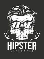 Hipster skull with glasses and fashion hair. Illustration for t-shirt print. Vector fashion illustration 