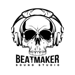 Beatmaker skull with headphone logo . Illustration for t-shirt print. Vector fashion illustration 