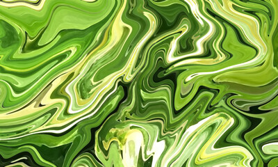 Green, white and black abstract background with painted, fluid, marble effect and swirls and waves. Illustration has copy space with room for text. Great for backdrops, textiles, packaging and banners