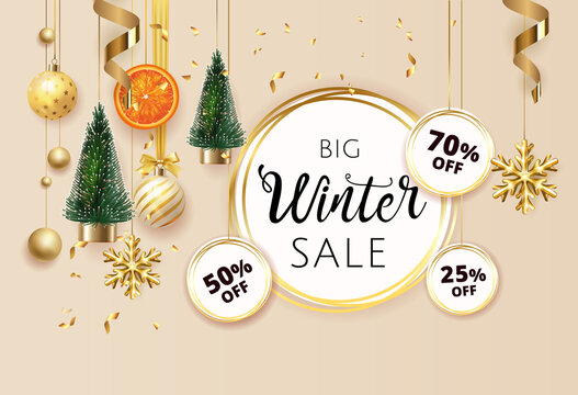 Golden Christmas Holiday Winter Sale Price Off Tag Poster Beige. Festive Xmas Decoration Gold Christmas Balls , Fir Tree, Orange, Light Garland. Vector Illustration Banner Design Template EPS.