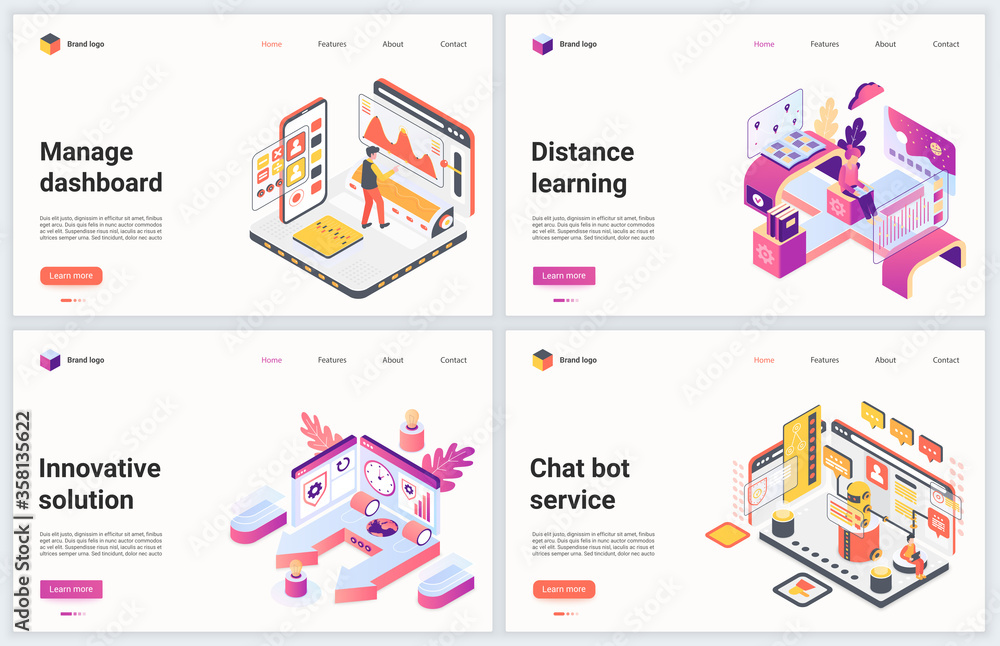 Poster isometric innovative management technology vector illustration. creative concept banner set, interfa