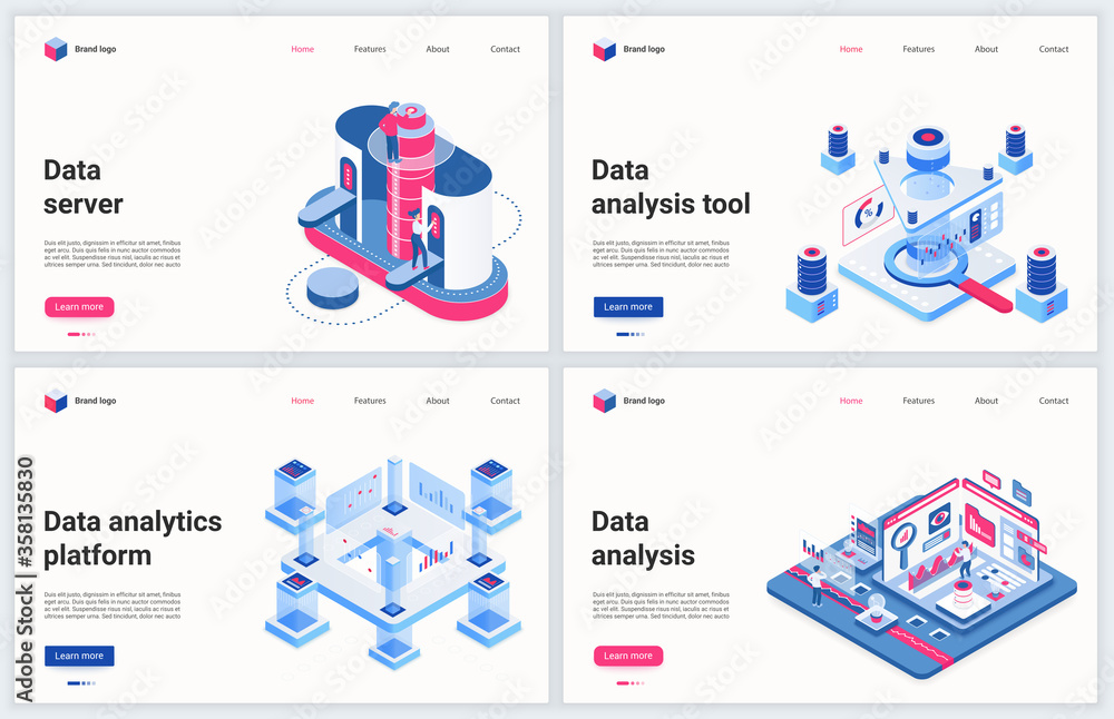 Poster Isometric tech services of data center vector illustration. Creative modern concept banner set, website design with cartoon 3d database technology, data analysis and analytics tools of server storage