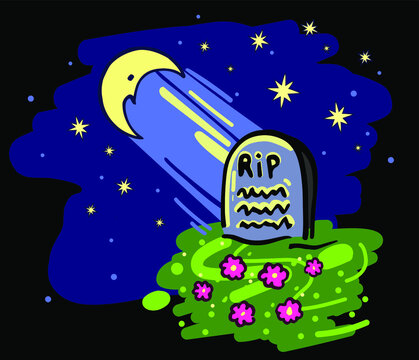 tombstone among the pink flowers, dark night  , the cemetery is RIP ( color  illustration, EPS 10 ) 