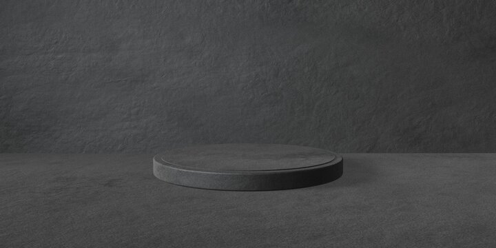 Espositore vuoto circolare nero su fondo nero pietra, podio o piedistallo per esposizione prodotti, base circolare con sfondo vuoto, Rendering 3D, visione frontale