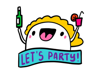Let's party hand drawn vector illustration in cartoon comic style woman happy cheerful holding wine glass