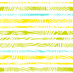 Tropical pattern, summer palm leaves seamless vector floral background. Exotic plant on stripes. spring nature jungle print. Leaves of palm tree on paint lines.