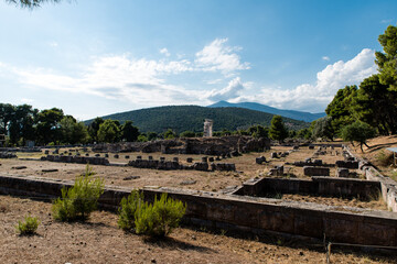 Fototapeta na wymiar Ruins of the sanctuary of Asclepius at the ancient Epidaurys archeological site, Argolis, Greece