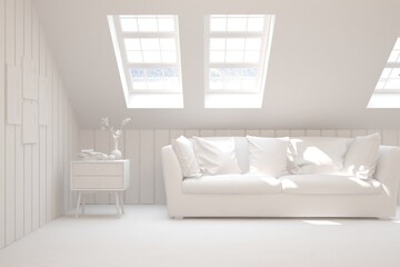 White minimalist living room with sofa. Scandinavian interior design. 3D illustration