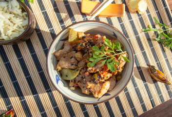 pork with beans and vegetables and boiled rice