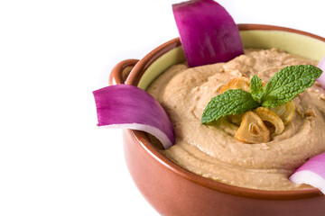 Gofio escaldado in bowl isolated on white background. Canarian food. copy space