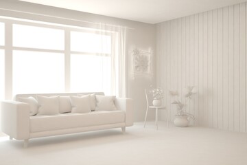 White minimalist living room with sofa. Scandinavian interior design. 3D illustration