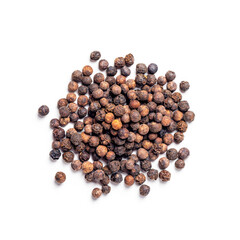 Black peppercorns isolated on white background. Pile hot peppers, top view. Spices for cooking food.