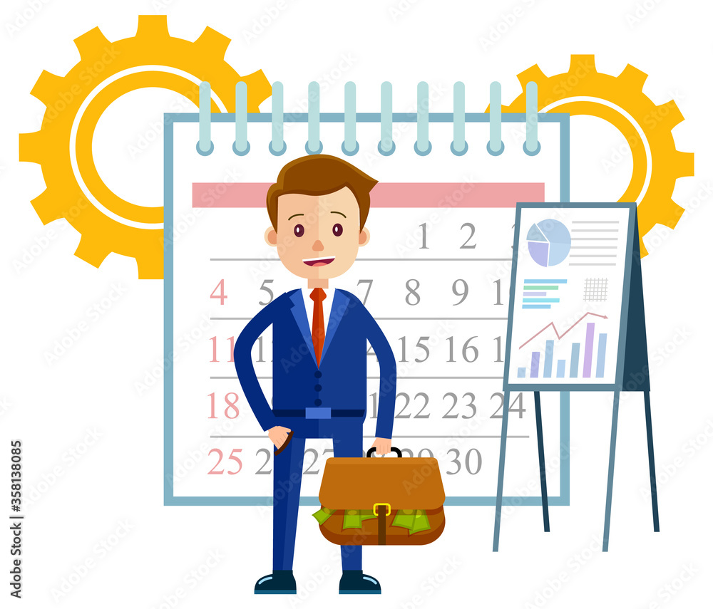 Poster businessman with case vector, flat style character with cogwheels and calendar. organization of task
