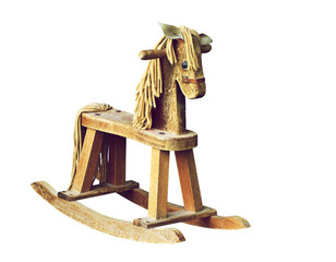 Old wooden rocking horse, isolated on white.