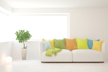 White living room with sofa. Scandinavian interior design. 3D illustration