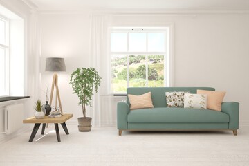 White living room with sofa and summer landscape in window. Scandinavian interior design. 3D illustration