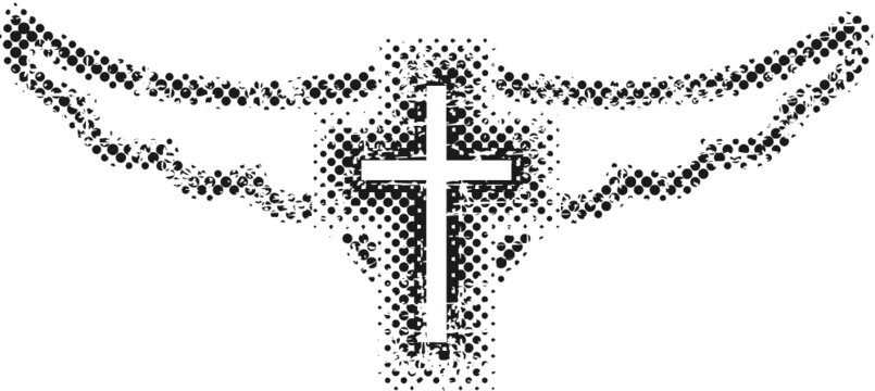 Winged cross. Grunge and halftone effects