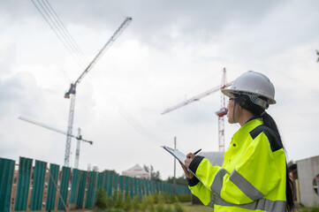 Asian engineer working at site of a large building project,Thailand people,Work overtime at construction site