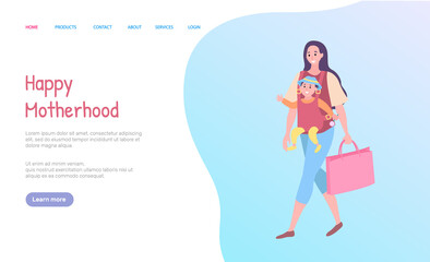 Smiling parent holding bag and baby sitting in special case, portrait view of walking mother with child, going together, happy motherhood vector. Website or webpage template, landing page flat style