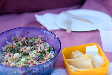 Bowl of salad and cheese, served on a picnic blankete. Selective focus.