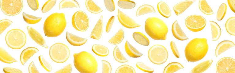 Set of falling delicious lemons on white background. Banner design
