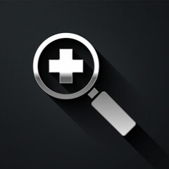 Obraz premium Silver Magnifying glass for search medical icon isolated on black background. Hospital search. Long shadow style. Vector Illustration