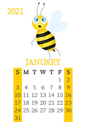 Calendar 2021. Monthly calendar for January 2021 from Sunday to Saturday. Yearly Planner. Templates with cute hand drawn bee. Vector illustration. Great for kids. Calendar page for print.