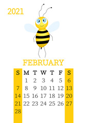 Calendar 2021. Monthly calendar for  February 2021 from Sunday to Saturday. Yearly Planner. Templates with cute hand drawn bee. Vector illustration. Great for kids. Calendar page for print.