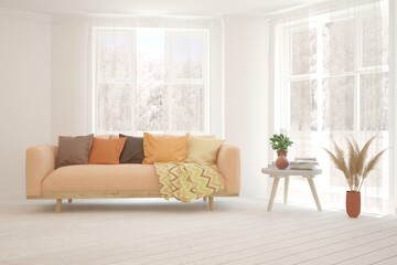 White living room with sofa. Scandinavian interior design. 3D illustration