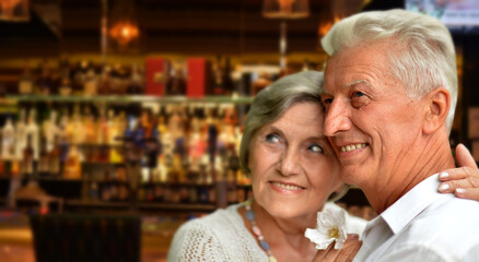 Fototapeta na wymiar Happy senior couple posing on blurred casino hall background