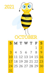 Calendar 2021. Monthly calendar for  October 2021 from Sunday to Saturday. Yearly Planner. Templates with cute hand drawn bee. Vector illustration. Great for kids. Calendar page for print.