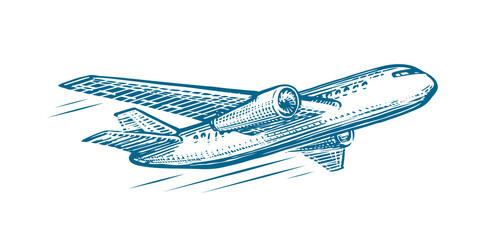 Flying airplane sketch. Air transportation, airline, retro plane vector illustration - obrazy, fototapety, plakaty