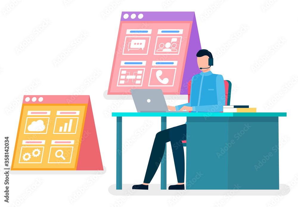 Poster worker sit on chair by table in office room. man work on computer, type on keyboard. comfortable wor