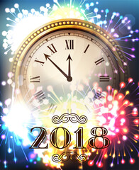 Fototapeta na wymiar 2018 New Year Gold shining background with clock. Blured colored flare banner with watch and fireworks. Vector illustration