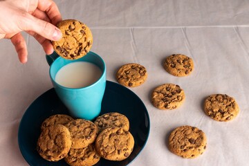 Selective focus shot of a person dipping chocolate chip cookies in a cup of milk
