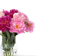 Bouquet of white and pink peonies in the vase isolated on white.