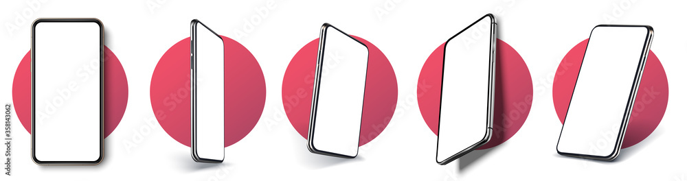 Poster realistic layout of the smartphone in different positions. mobile phone frame with blank display iso