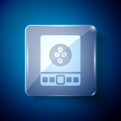 White Electronic coffee scales icon isolated on blue background. Weight measure equipment. Square glass panels. Vector Illustration