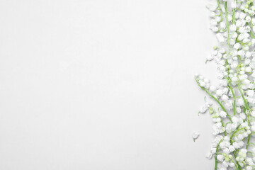 Beautiful lily of the valley flowers on light grey background, flat lay. Space for text