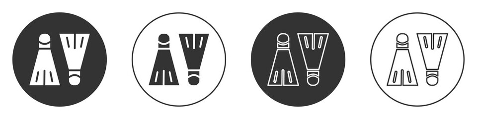 Black Rubber flippers for swimming icon isolated on white background. Diving equipment. Extreme sport. Sport equipment. Circle button. Vector Illustration © Kostiantyn