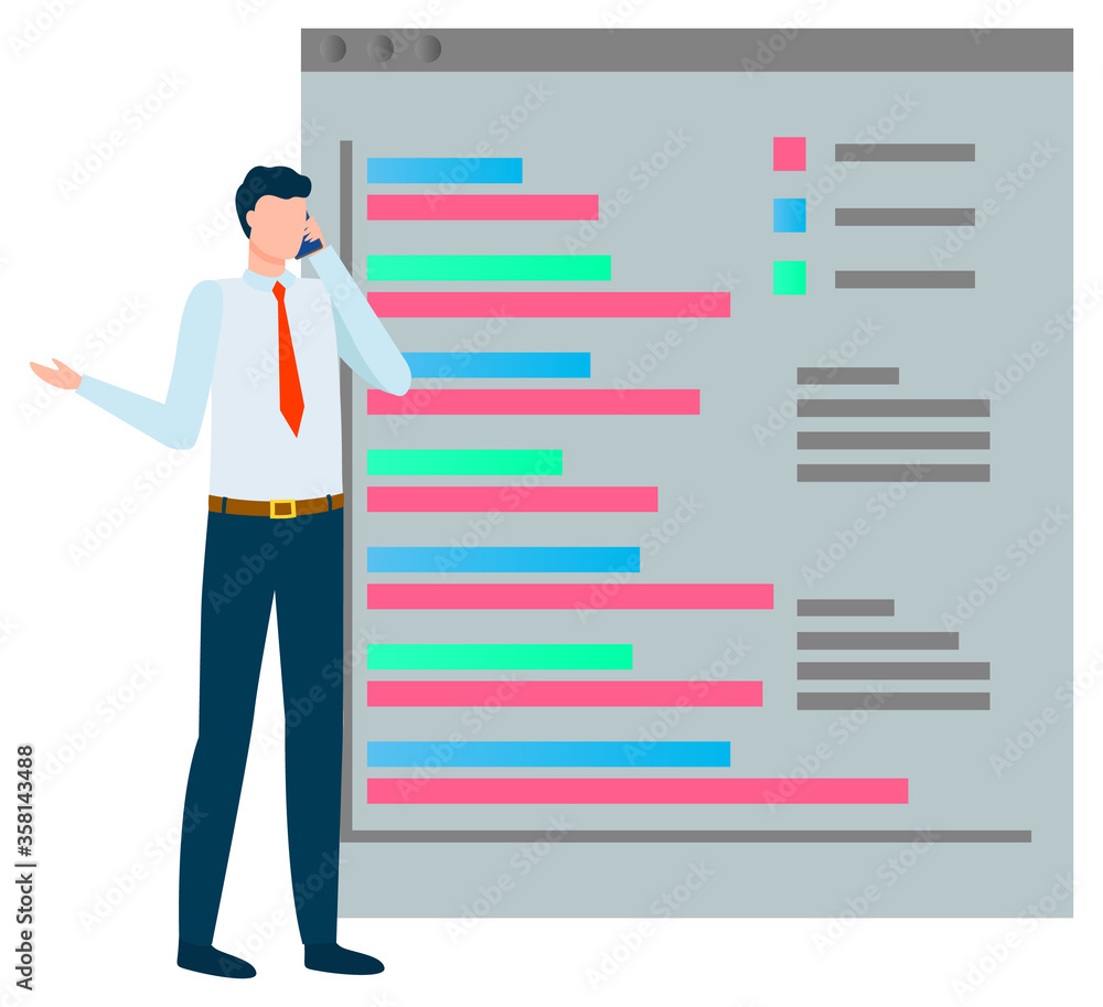 Aufkleber man dealing with business problems vector, character businessman talking on phone with partners. boa
