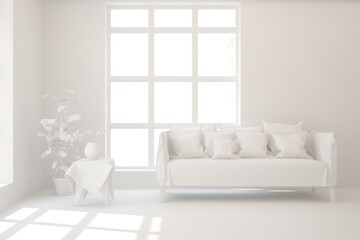 White minimalist living room with sofa. Scandinavian interior design. 3D illustration