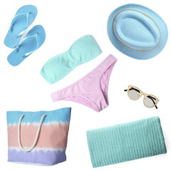 Set of different beach accessories on white background