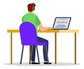 Distant online education, student learning through laptop, isolated character vector. Studying materials, Internet site, graduation and receiving knowledge. Personal development courses illustration