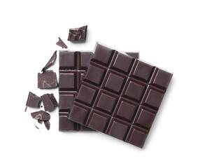 Delicious dark chocolate isolated on white, top view