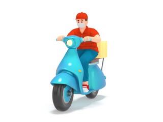 Cartoon 3d delivery man in protection mask, gloves