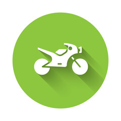 White Motorcycle icon isolated with long shadow. Green circle button. Vector Illustration