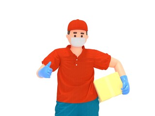 3d cartoon delivery man in mask with parcel box